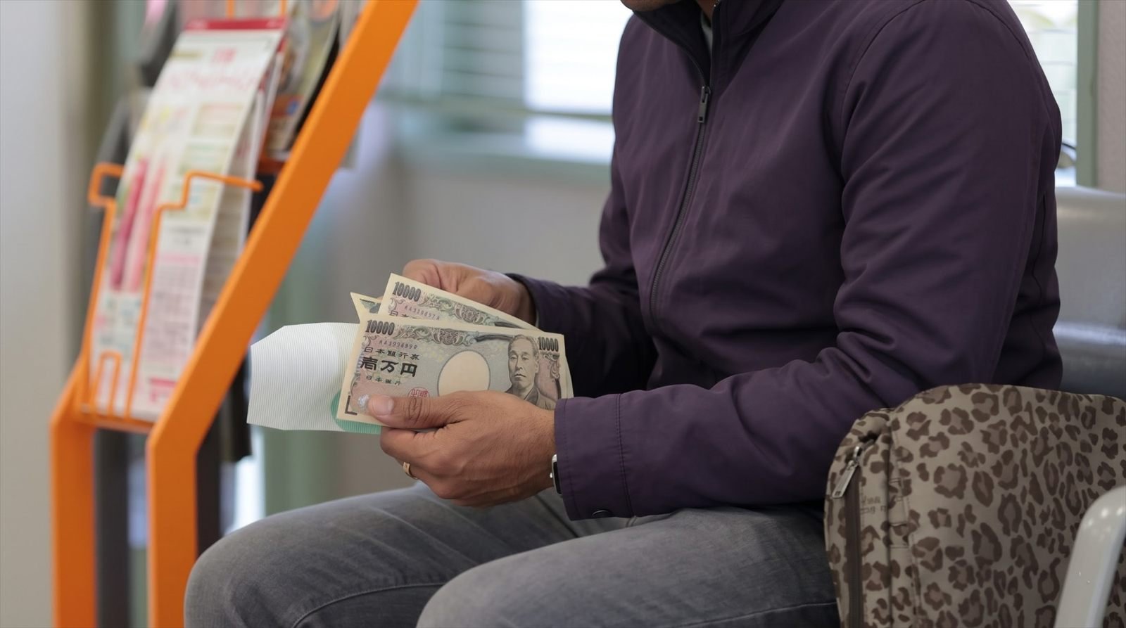 A man seated in a waiting room counting 10,000 yen notes from an envelope