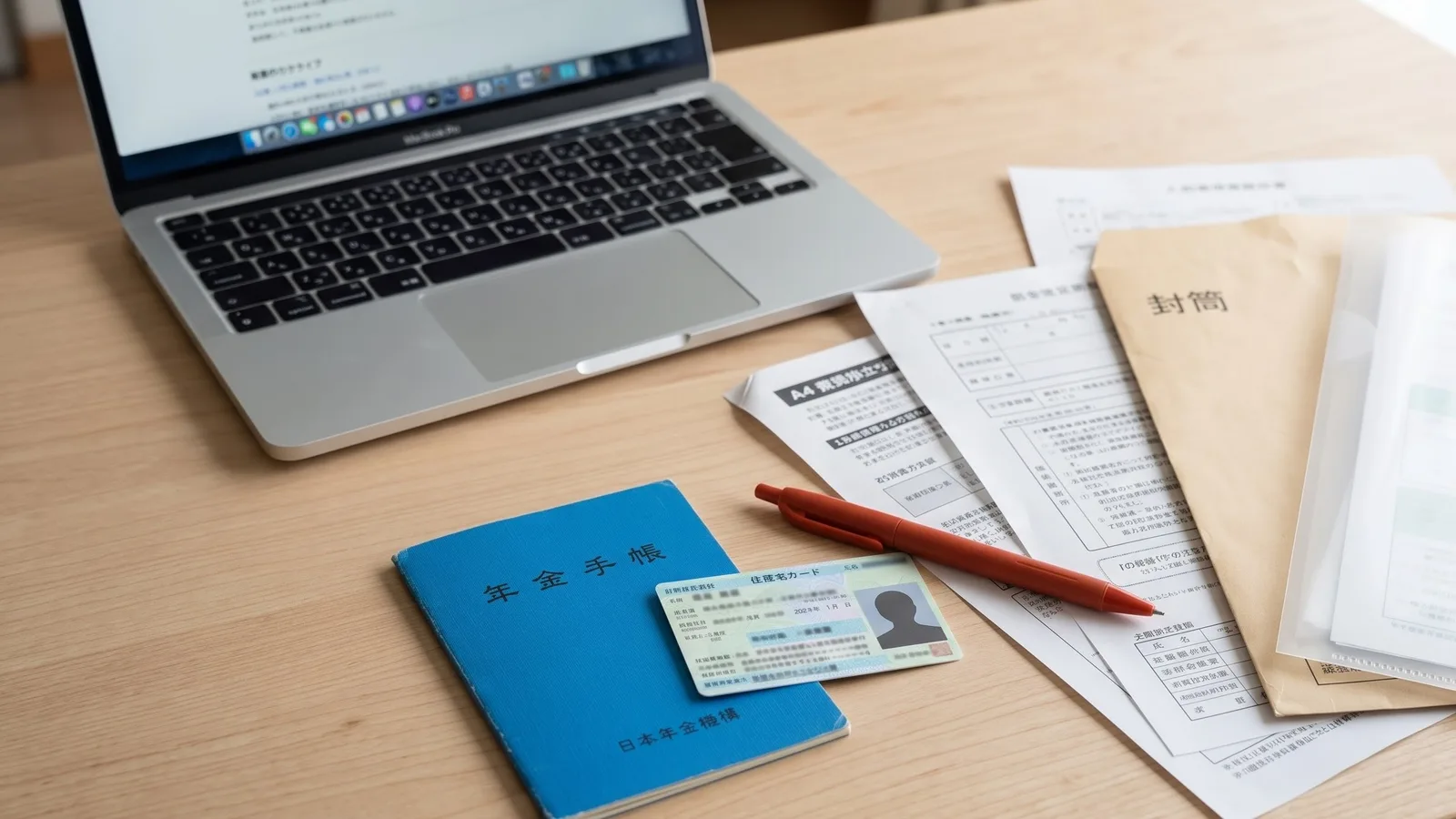 Japanese pension handbook, residence card, claim forms and a laptop on a wooden desk