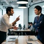Worker confronting a manager in a Japanese office over missing pension enrollment